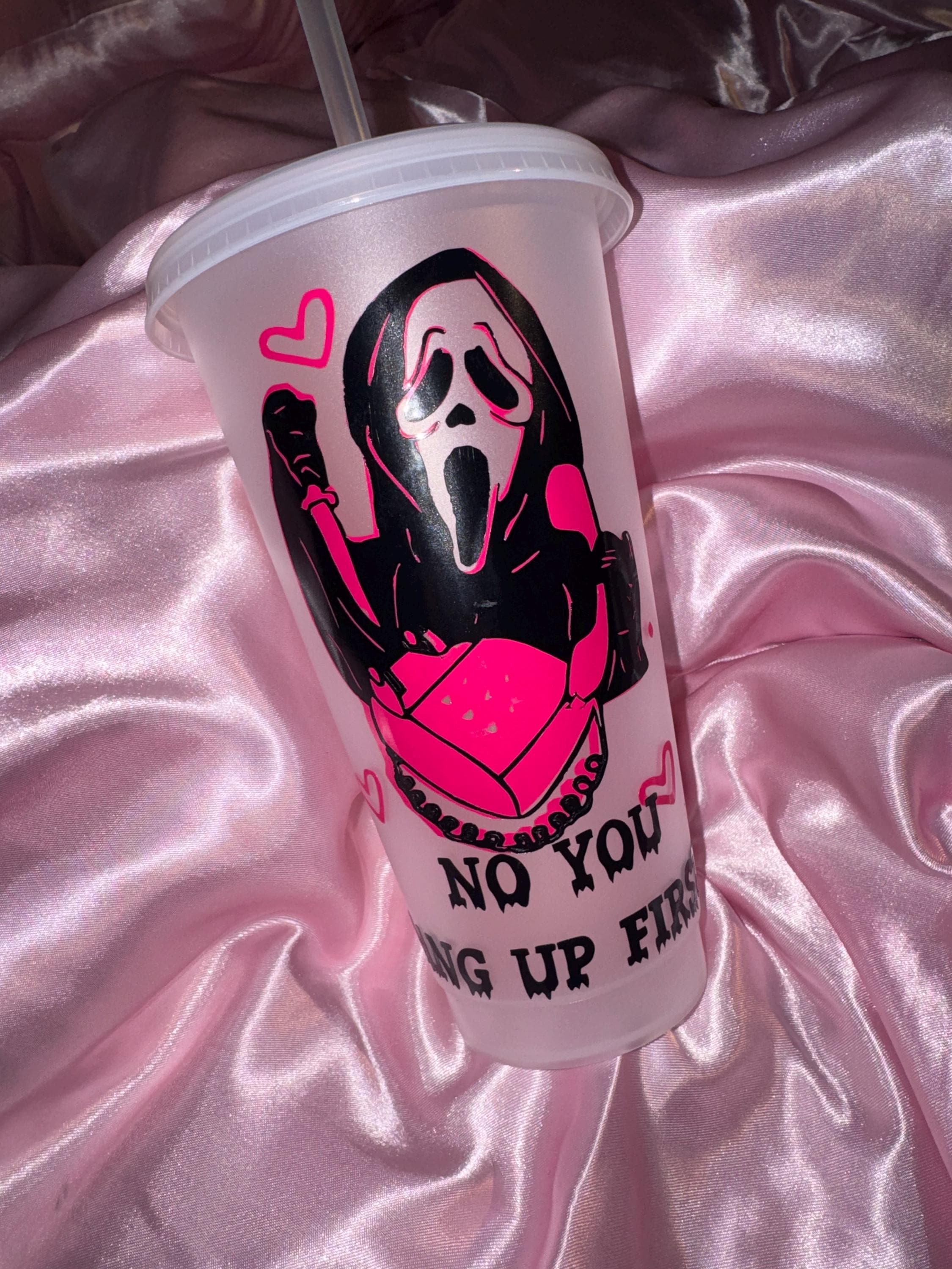 Personalised Ghost Face Cup: Pink & Black Custom Order