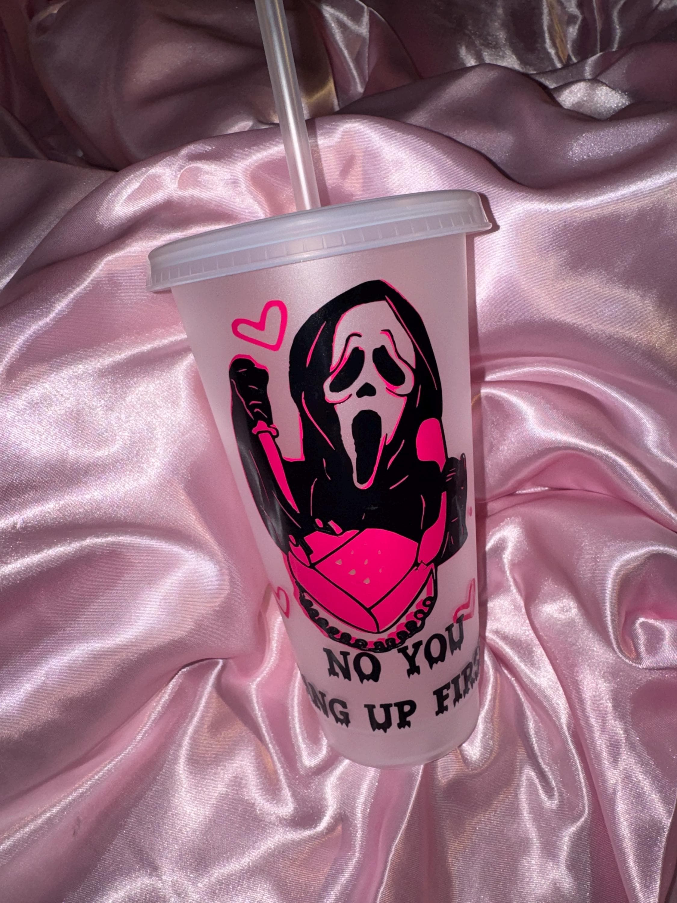 Personalised Ghost Face Cup: Pink & Black Custom Order