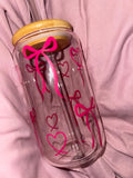 Custom Pink Bows And Love Hearts Glass Tumbler With Straw
