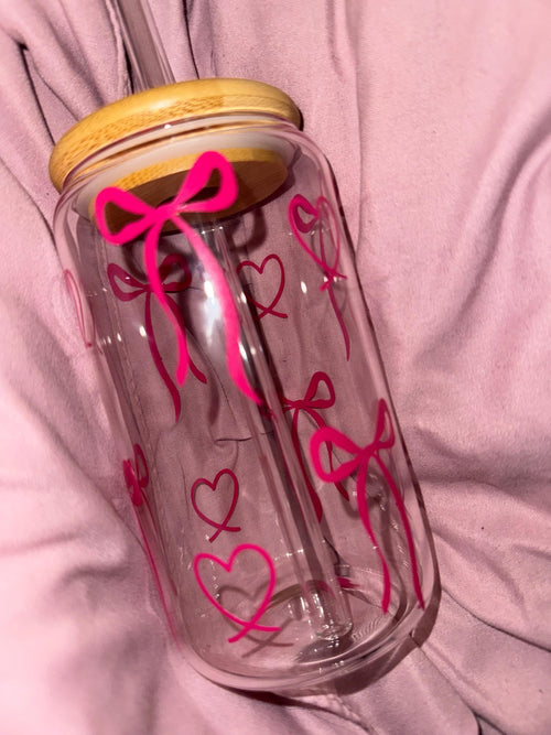 Custom Pink Bows And Love Hearts Glass Tumbler With Straw